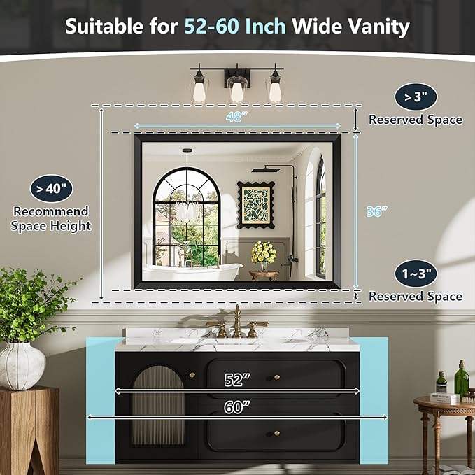 48x36 Inch Black Bathroom Mirror for Wall, Beveled Framed Rectangle Bathroom Vanity Mirrors for Over Sink, Bedroom, Living Room, Entryway, Anti-Rust, HD Tempered Glass, Horizontally/Vertically