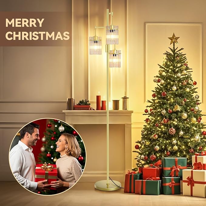 Farmhouse Glod Modern Floor Lamps for Living Room, Dimmable Glass Tree Standing Tall Lamps with 3 Elegant Teardrop Cage Head & 800 Lumens LED Bulbs for Bedroom Office (65inch Tall)