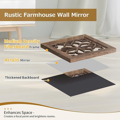 Boho Wall Mirror Decor, Set of 2 Rustic Farmhouse Mirror 12x12 Inch, Square Shatterproof Vintage Style Mirrors for Wall, Small Decorative Mirrors for Living Room, Bedroom(Redbrown)