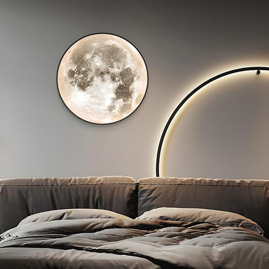 LITFAD Round Shape Dimmable Wall Mount Light Simple Wall Lamp Moon LED Wall Sconce with Acrylic Shade for Living Room Bedroom Hotel - 110V-120V 12" Remote Control Stepless Dimming