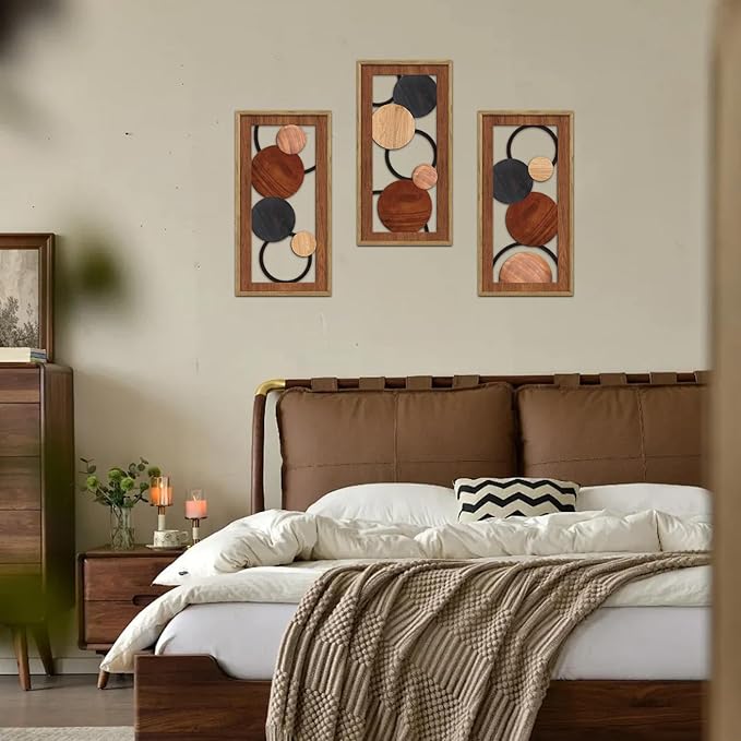KAIRNE Boho Abstract Wooden Wall Art,3 Pieces Vintage Modern Wall Sculptures,Rustic Farmhouse Framed Hanging Decor,Minimalist Mid Century Wall Decor for Living Room Bedroom Kitchen Office,8X16 inch