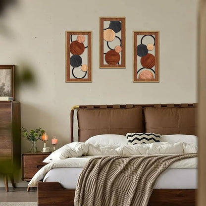 KAIRNE Boho Abstract Wooden Wall Art,3 Pieces Vintage Modern Wall Sculptures,Rustic Farmhouse Framed Hanging Decor,Minimalist Mid Century Wall Decor for Living Room Bedroom Kitchen Office,8X16 inch