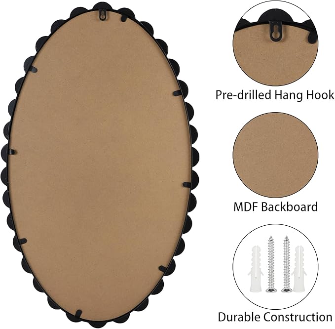 Oval Round Wall Mirror - 30 Inch Decorative Framed Bathroom/Living Room Accent Mirror with Beaded Ball Trim - Vintage Modern Style (Black/White/Gold) (Black)