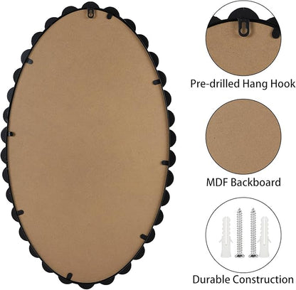 Oval Round Wall Mirror - 30 Inch Decorative Framed Bathroom/Living Room Accent Mirror with Beaded Ball Trim - Vintage Modern Style (Black/White/Gold) (Black)
