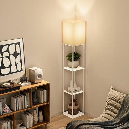 Gupuzm Floor Lamp with Shelves, with Modern Square Standing Lamp with Smart APP Control RGB Bulb, Corner Display Bookshelf Lamp for Living Room, Bedroom and Office (White-9RGB)