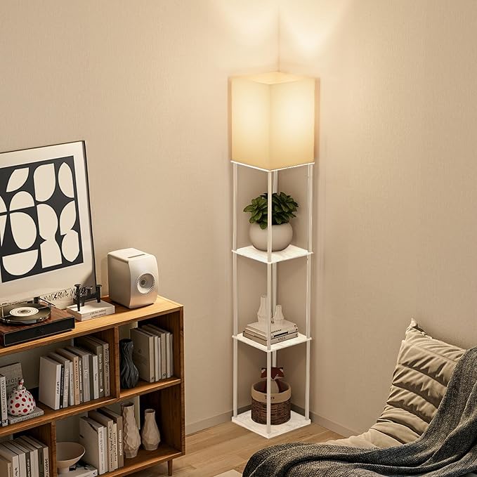 Gupuzm Floor Lamp with Shelves, 4 Layer Square Standing Lamp with 3 Color Temperature Bulb, Corner Display Bookshelf Lamp for Living Room, Bedroom and Office（White-2 Packs）