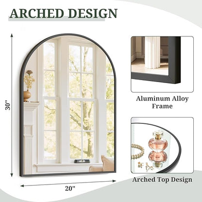 Arched Wall Mirror 30x20 Inch Black Bathroom Vanity Mirror with Metal Frame, Modern Arch Mirror for Bedroom, Living Room, Entryway, Wall Mounted Decorative Mirror