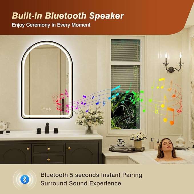 26x40 Inch Arched Black Framed LED Bathroom Mirror with Lights, Built-in Bluetooth Speaker,Tempered Glass,Dimmable Lighted Bathroom Vanity Mirror with 3 Colors, Backlit + Frontlit, Memory, Anti-Fog