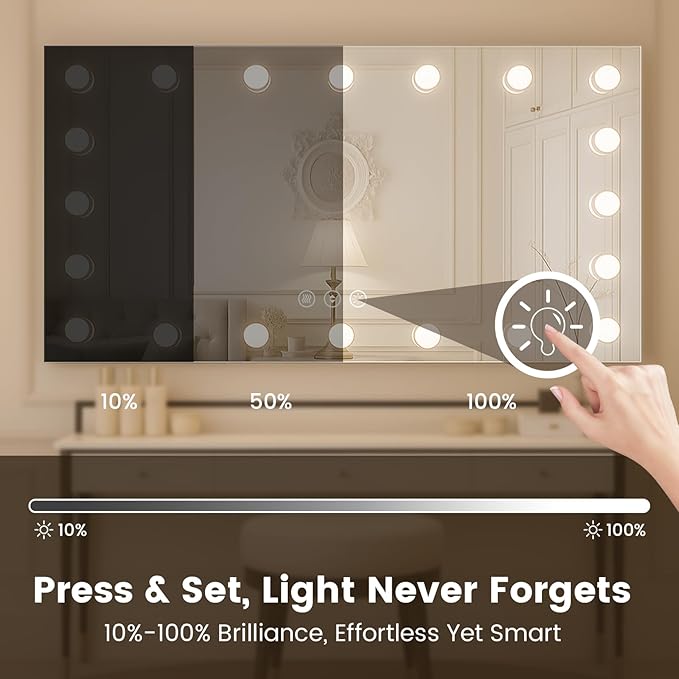 WTTY 96"x36" Hollywood Vanity Mirror with Lights, Wall-Mounted Makeup Mirror with 3 Color Temperatures, Stepless Dimmable Bulbs, Anti-Fog & Shatter-Proof