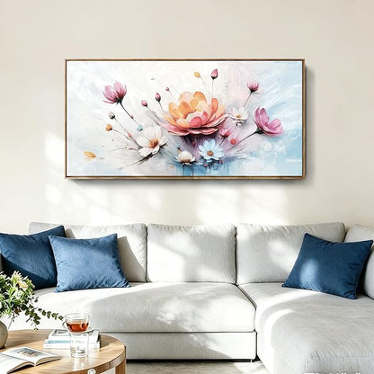 Large Framed Modern Canvas Wall Art, Abstract Natural Plant Print, Pink, Orange And Blue Textured Floral Artwork, Natural Wood Frame, Plant-Themed Wall Decoration, Suitable For Living Room, Bedroom, Dining Room, Study, Office, 48X24 Inches.