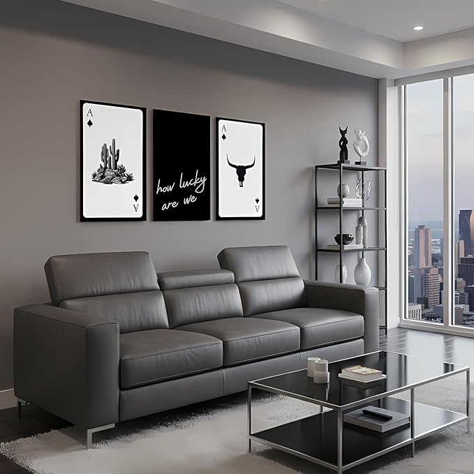 Yxjyzzkx 3-Piece Western Playing Card Wall Art Canvas Set, Black and White Cowboy Aesthetic Wall Decor, Ace of Spades Longhorn Minimalist Quote Canvas Prints for Living Room Bedroom Office