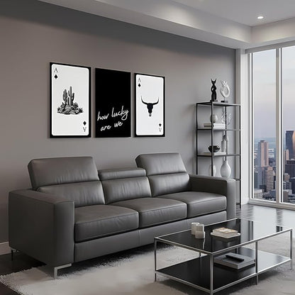 Yxjyzzkx 3-Piece Western Playing Card Wall Art Canvas Set, Black and White Cowboy Aesthetic Wall Decor, Ace of Spades Longhorn Minimalist Quote Canvas Prints for Living Room Bedroom Office