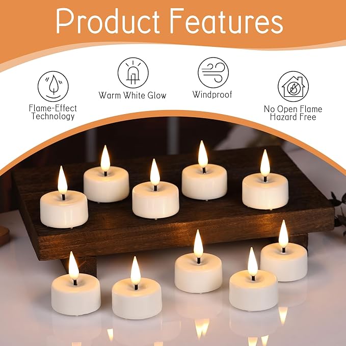 Eywamage White Flameless Wax Tealights with Remote Batteries, Flickering LED Tea Votive Candles Set of 10
