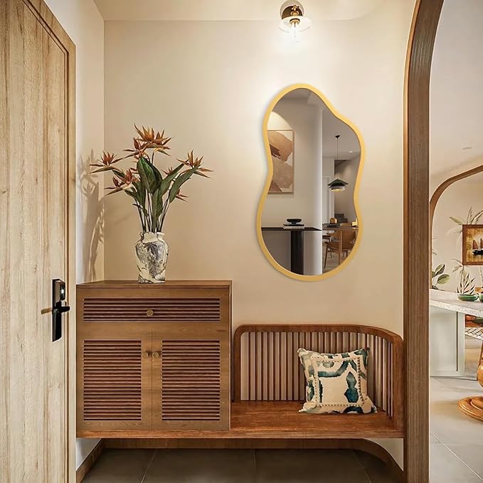 AAZZKANG Large Wall Mirror with Wood Framed 22"x12" Gold Irregular Hanging Mirrors Asymmetrical for Bathroom Bedroom Living Room Entryway
