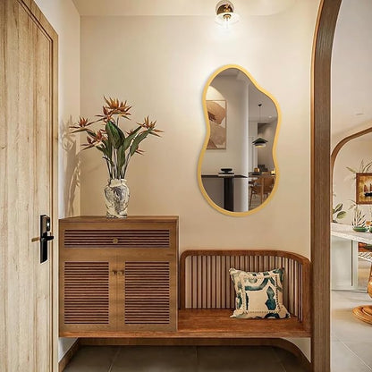 AAZZKANG Large Wall Mirror with Wood Framed 22"x12" Gold Irregular Hanging Mirrors Asymmetrical for Bathroom Bedroom Living Room Entryway