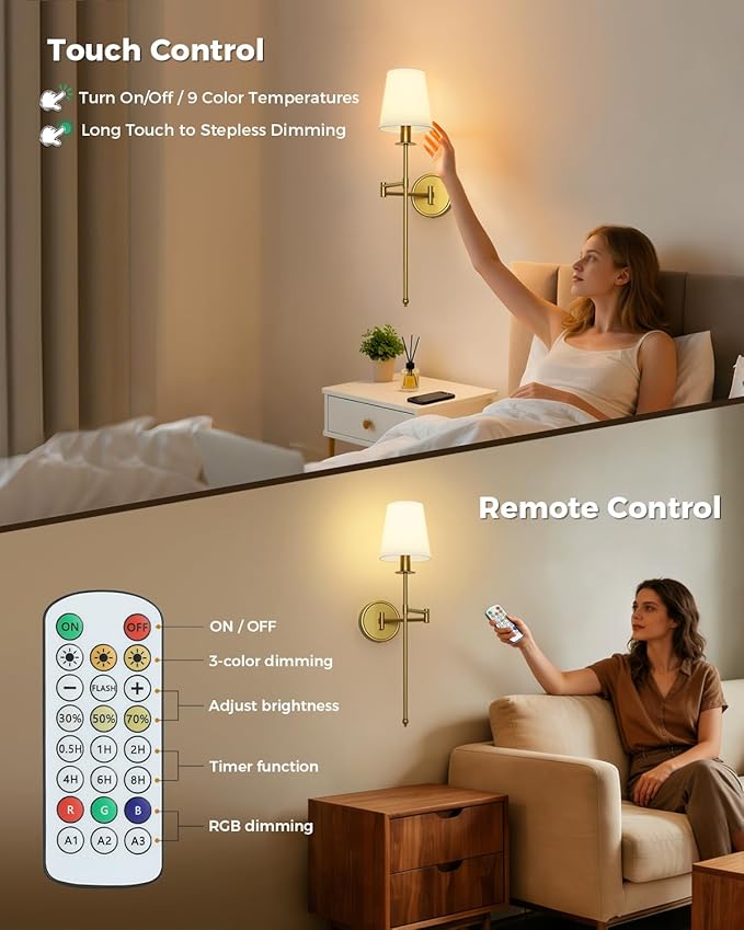 Joosenhouse Battery Operated Wall Sconces (Set of 2), Wireless Dimmable Wall Lights, 9 RGB Color Options, 24.8-inch Brass Indoor Wall Lamps, for Decorating bedrooms, Living Rooms, and hallways