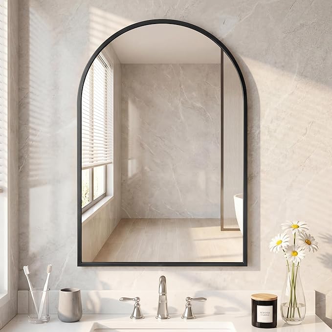 DUMOS 26"x38" Arched Wall Mirror, Bathroom Mirrors for Over Sink, Vanity Mirror with Tempered Glass & Anti-Rust Metal Frame, Entryway, Living Room, Bedroom, Black