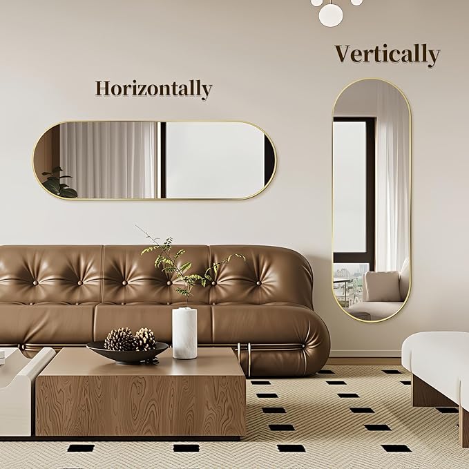 Oval Full Length Mirror, 60"×19" Wall-Mounted Mirror with Gold Frame in Shiny Gold, Ultra-Clear Explosion-Proof Dressing Mirror, Simple & Classic Deco for Cloakroom/Bedroom/Living Room
