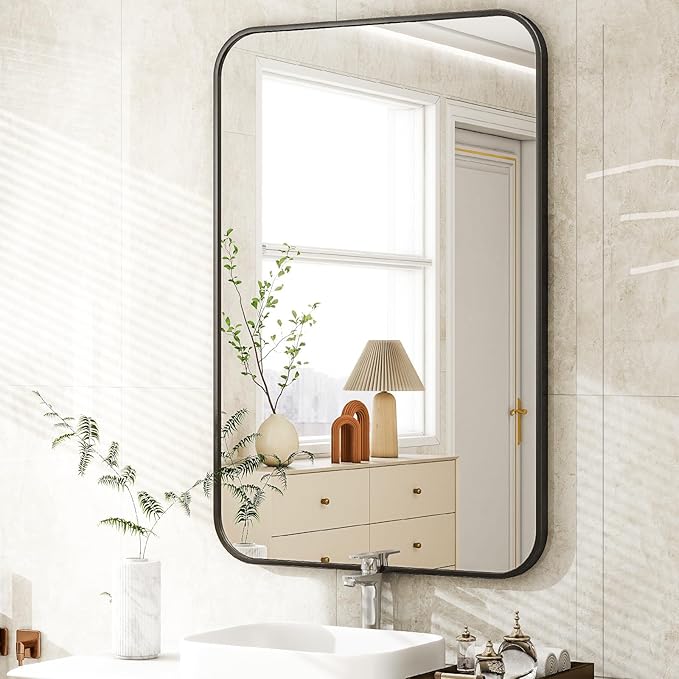 Easly 26 x 38 Inch Bathroom Mirror, Rounded Rectangular Vanity Mirror for Wall, Modern Mirror for Room Decor, Black Framed Wall-Mounted Mirrors for Home Decor, Hangs Horizontally or Vertically