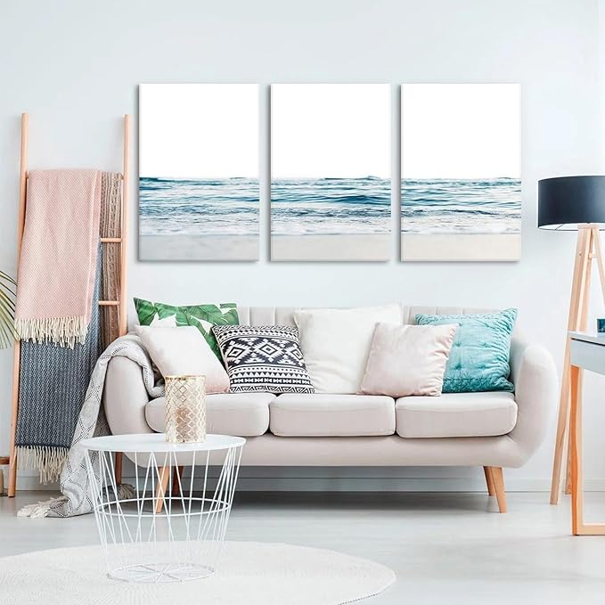 KESAIFEI 3 Piece Blue Waves Canvas Wall Art Set for Living Room Blue Wall Art, Beach Art Coastal Wave Paintings Wall Decor for Living Room, Bedroom, Bathroom, Office Ready to Hang 12x16 Inches.