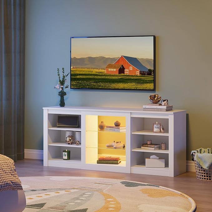 WLIVE Modern TV Stand for 65 Inch TV, Entertainment Center with Adjustable Open Shelves & RGB LED Lights, Sturdy Media Console for Living Room, Bedroom,Gaming (White)