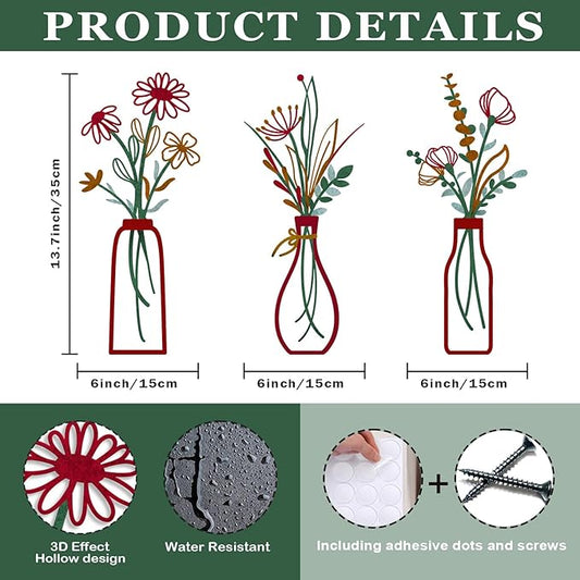 Pigort 3 Pieces Metal Vase Flowers Wall Arts - Rustic Farmhouse Style Décor Metal Wall Art Black Minimalist Flower Natural Themed Wall Decors for Home Bedroom Dining Room Housewarming (Red, Vase-C)