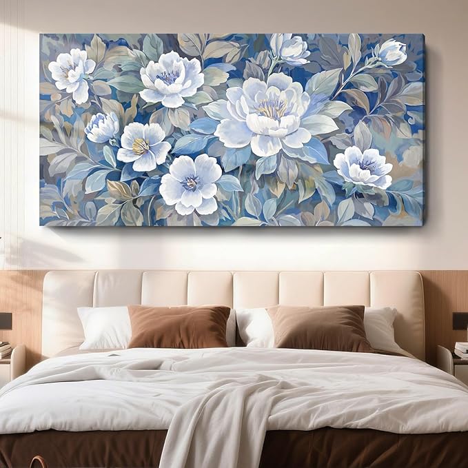 amatop Extra Large Blue White And Gray Plant Canvas Wall Art; Modern Abstract Flower Print Picture For Living Rooms, Dining Rooms, Bedrooms, Offices, And Meeting Rooms. 58X29 Inches.