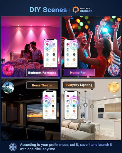 Smart Recessed Lighting 6 Inch, Color Changing Canless Ceiling Lights with Junction Box, 1500 Lumen Wafer Downlight RGB Dimmable with APP, Alexa, Siri, Google Assistant, 1 Pack