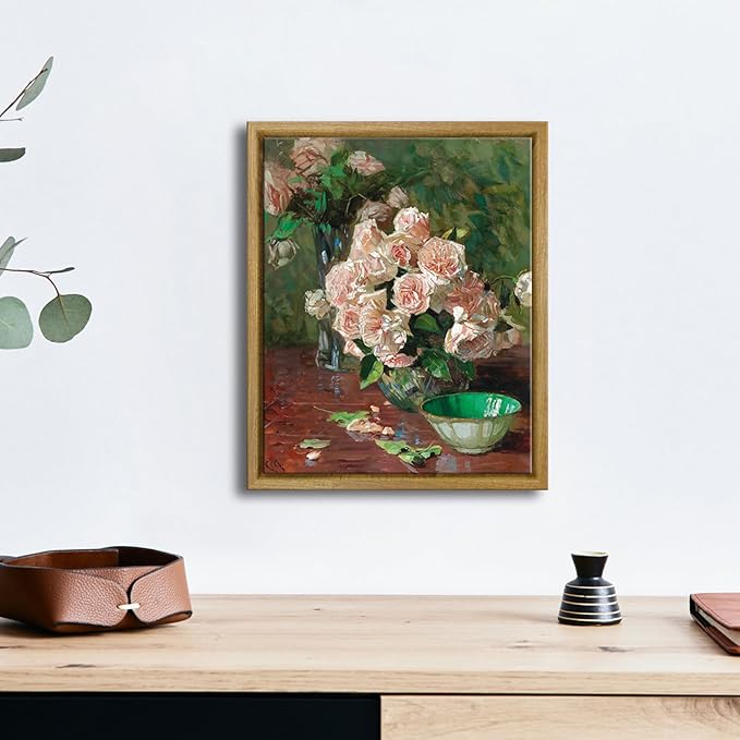 Pyradecor Framed Canvas Wall Art Vintage Living Room Decor White Roses Canvas Prints Mid Century Wall Art for Bedroom Office Farm House Kitchen Decorations