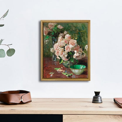 Pyradecor Framed Canvas Wall Art Vintage Living Room Decor White Roses Canvas Prints Mid Century Wall Art for Bedroom Office Farm House Kitchen Decorations