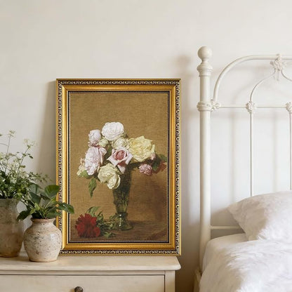 YD&YZY Gold Framed Vintage Wall Art Canvas Henri Fantin Latour Roses Floral Retro Farmhouse Print Art Wall Decor Rustic Cottagecor Painting Picture Print for Dining Room Bedroom 16x24 inch Framed