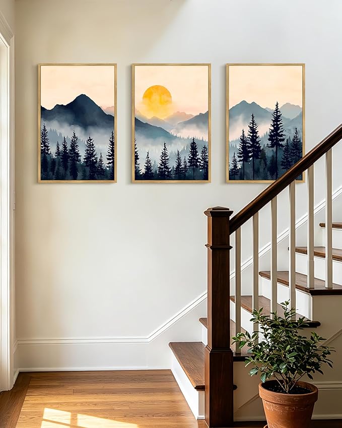 PHOPAGO Blue Fog Pine Tree Mountain Landscape Framed Wall Art Large 16x24in Retro Watercolor Nature Misty Forest Artwork Paints Sun Rise Rustic Farmhouse Home Decor - Natural Framed