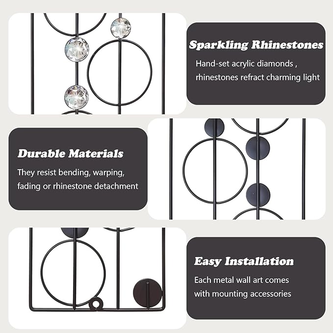 ZEXUIRU 2 Pack Bling Abstract Metal Wall Art Minimalist Line Jeweled Crystal Wall Decor Modern Geometric Rhinestone Hanging Wall Sculpture for Living Room Bedroom Bathroom Office