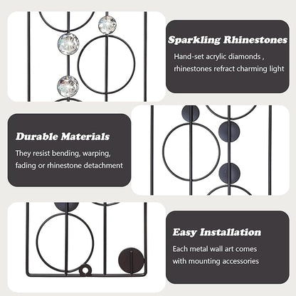 ZEXUIRU 2 Pack Bling Abstract Metal Wall Art Minimalist Line Jeweled Crystal Wall Decor Modern Geometric Rhinestone Hanging Wall Sculpture for Living Room Bedroom Bathroom Office