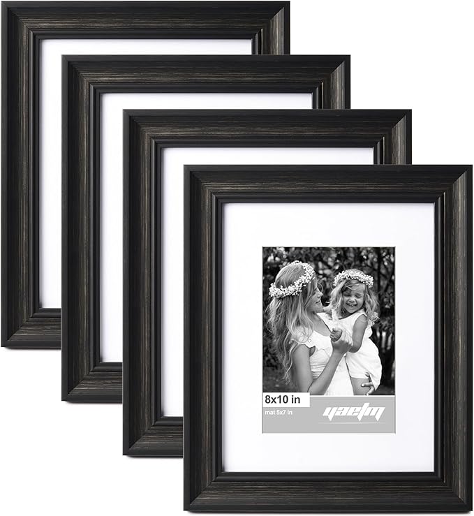 Yaetm Black 8x10 Picture Frame Matted to 5x7 Set of 4, 1.4” Wide Molding & Distressed Black Photo Frames 8 x 10 with HD Tempered Glass, Display on Tabletop & Wall Mounting, 4 Pack