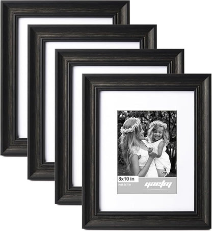 Yaetm Black 8x10 Picture Frame Matted to 5x7 Set of 4, 1.4” Wide Molding & Distressed Black Photo Frames 8 x 10 with HD Tempered Glass, Display on Tabletop & Wall Mounting, 4 Pack