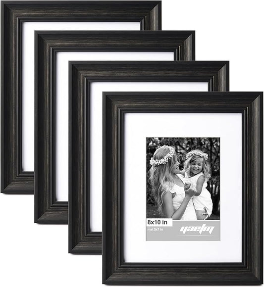 Yaetm Black 8x10 Picture Frame Matted to 5x7 Set of 4, 1.4” Wide Molding & Distressed Black Photo Frames 8 x 10 with HD Tempered Glass, Display on Tabletop & Wall Mounting, 4 Pack