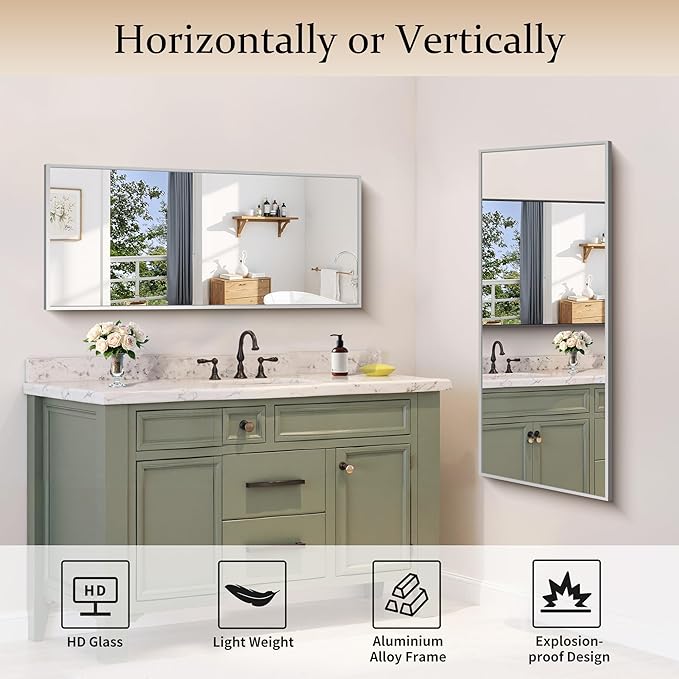 COFENY Silver Bathroom Mirror for Wall, 20x48 Inch Rectangle Mirror with Metal Frame, Modern Vanity Mirrors for Bathroom Living Room, Entryway Hangs Horizontal or Vertical