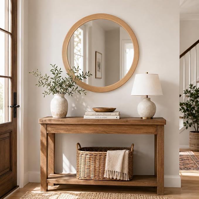 CULER Round Mirror 30 Inch,Natural Vanity Wall Rustic Mirrors,Circle Tempered Glass Mirror for Bathroom Bedroom Living Room or Entryway