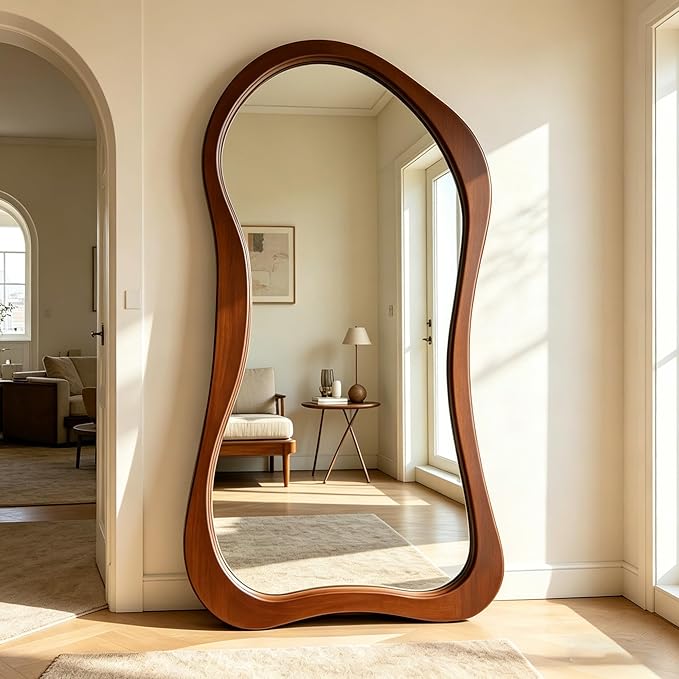 Irregular Full Length Mirror, 71"x33.5" Premium Oversized Organic Floor Mirror with Solid Wood Frame, Asymmetrical Full Body Mirrors for Living Room Entryway Cloakroom, Leaning/Hanging