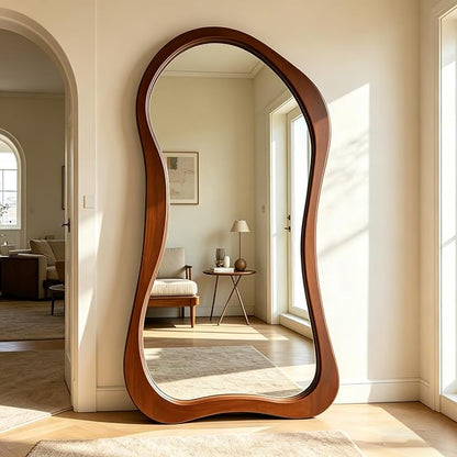 Irregular Full Length Mirror, 71"x33.5" Premium Oversized Organic Floor Mirror with Solid Wood Frame, Asymmetrical Full Body Mirrors for Living Room Entryway Cloakroom, Leaning/Hanging