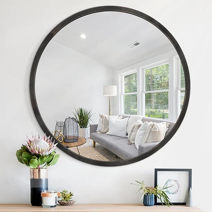 JJUUYOU Black Circle Wall Mirror Round Wood Framed Mirror for Bathroom Hanging Round Mirror for Living Room Vanity Bedroom 24 Inch