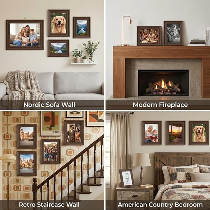 POZEAN 4x6 Picture Frame Set of 6, Picture Frames for Gallery Wall Decor Wood Grain Look, Shatterproof Lightweight Design, Wall Hanging & Tabletop Display with Mat for 3.5x5 Photos, Rustic Home Decor Living Room Bedroom Office