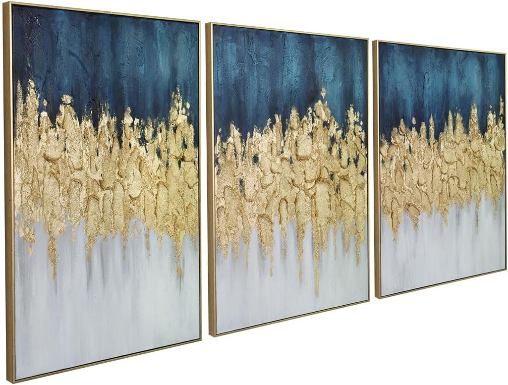 Zessonic Abstract Wall Art Hand-Textured Modern - Set of 3, Emerald Green Blue and Gold - 24x36inch, Framed