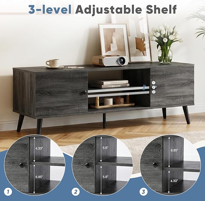 DUMOS TV Stand for 55 60 inch TV, Modern Mid Century Entertainment Center with Storage, Wooden Media Console Table with 2 Cabinets, for Living Room, Bedroom, Grey