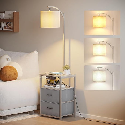 SUNMORY Floor Lamp with Table & 2 Drawers, Lamp with USB Port and Outlet, Lamps for Nightstand with 3 Color Temperature Led Bulb Included, Floor Lamps for Living Room, Bedroom and Home Office, Grey