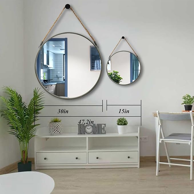 POZINO Round Mirror, Rope Hanging Mirror, 15 Inch Farmhouse Circle Wall Mirror for Bathroom Bedroom Living Room Entryway Home Decor, Grey