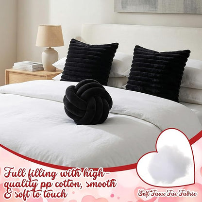 Tegeme Set of 3 Knot Pillow Ball and 18" Throw Pillowcases Fuzzy Striped, Soft Knotted Home Decor Pillow, 2 Faux Fur Cushion Covers Aesthetic Cushion and Cases for Sofa Bed Bedroom Living Room(Black)