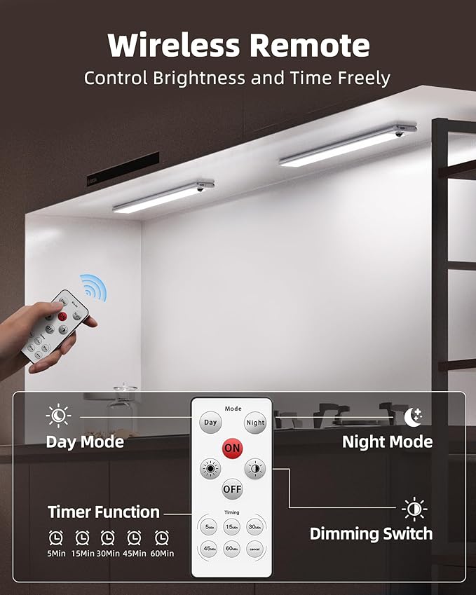 EZVALO 2 Pack Under Cabinet Lights, 14.5'' Magnetic Motion Sensor Light, 4000mAh Large Capacity Rechargeable Closet Light, Remote Control Dimmable 5700K Cool White for Kitchen, Stairs, Hallway