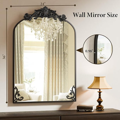 Koonmi Vintage Mirror, 24x36 Antique Barolon Bathroom Mirror for Wall,Flower Head, Shatter-Proof Tempered Glass, Arched Ornate Mirrors for Bedroom Bathroom Entryway Fireplace Hallway